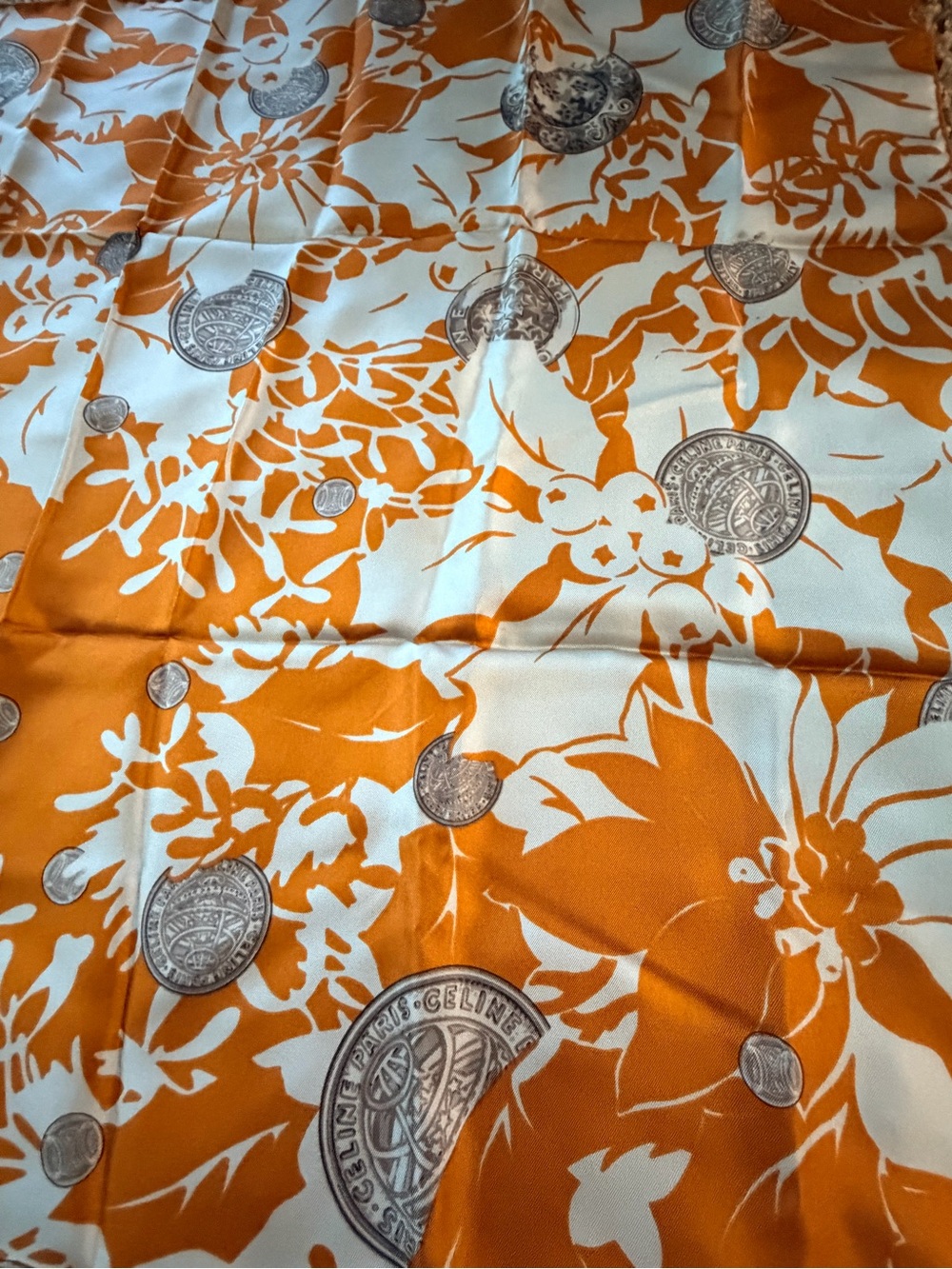 Celine Silk Scarf Orange & White Print with COA - Picture 7 of 8